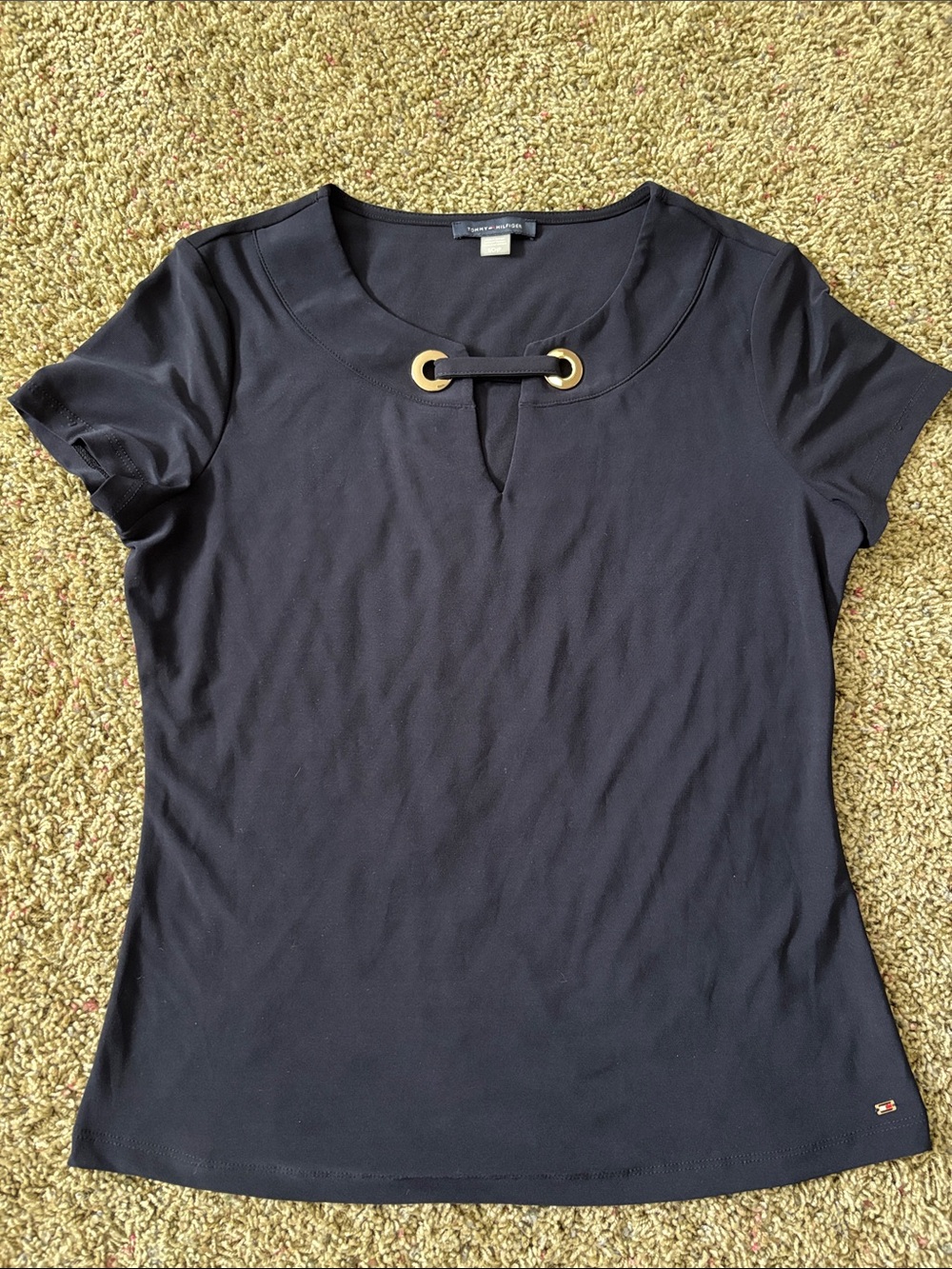 Tommy Hilfiger Women's Navy Short-Sleeve Top with Silver Hardware Accents - Sz S